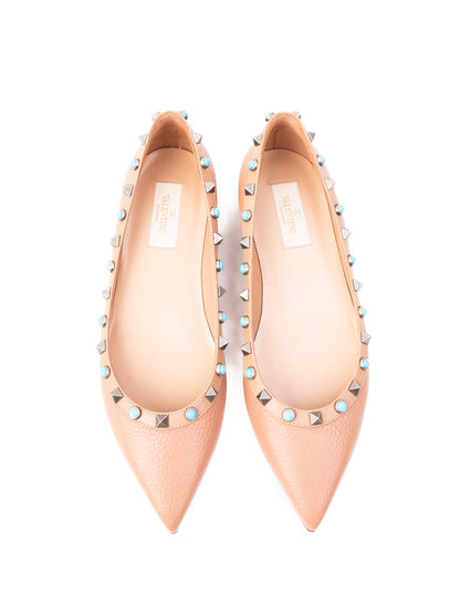 Perfect Valentino Pink Leather Pointed-Toe Flats with Studs