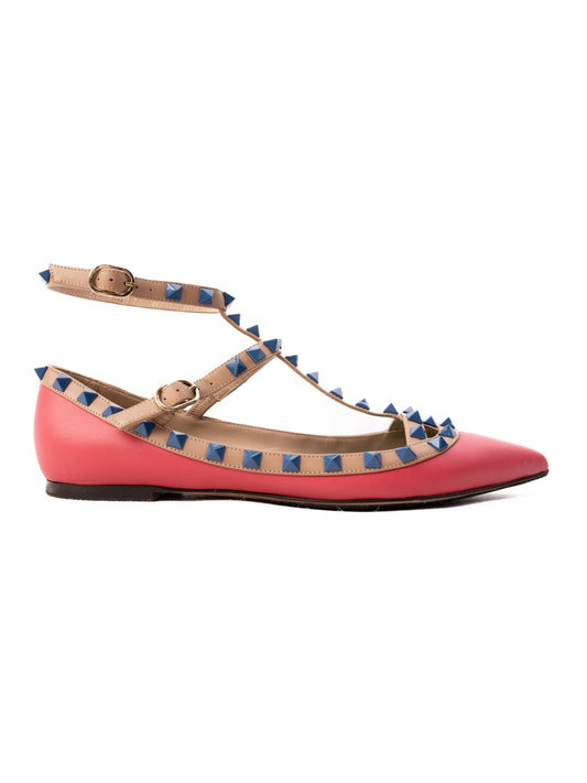 Excellent Valentino Pink Leather Flat Shoes with Blue Studs