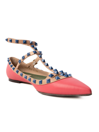 Excellent Valentino Pink Leather Flat Shoes with Blue Studs