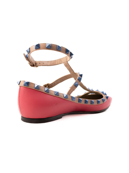 Excellent Valentino Pink Leather Flat Shoes with Blue Studs
