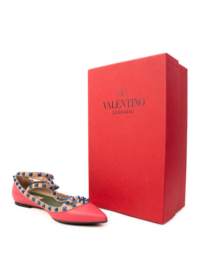 Excellent Valentino Pink Leather Flat Shoes with Blue Studs