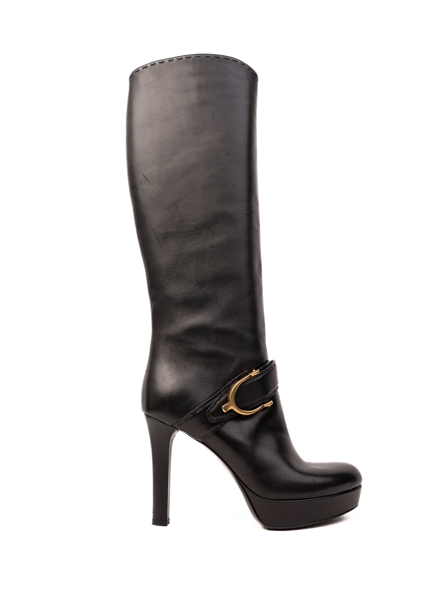 new gucci black high-heeled leather knee-length boots size 36