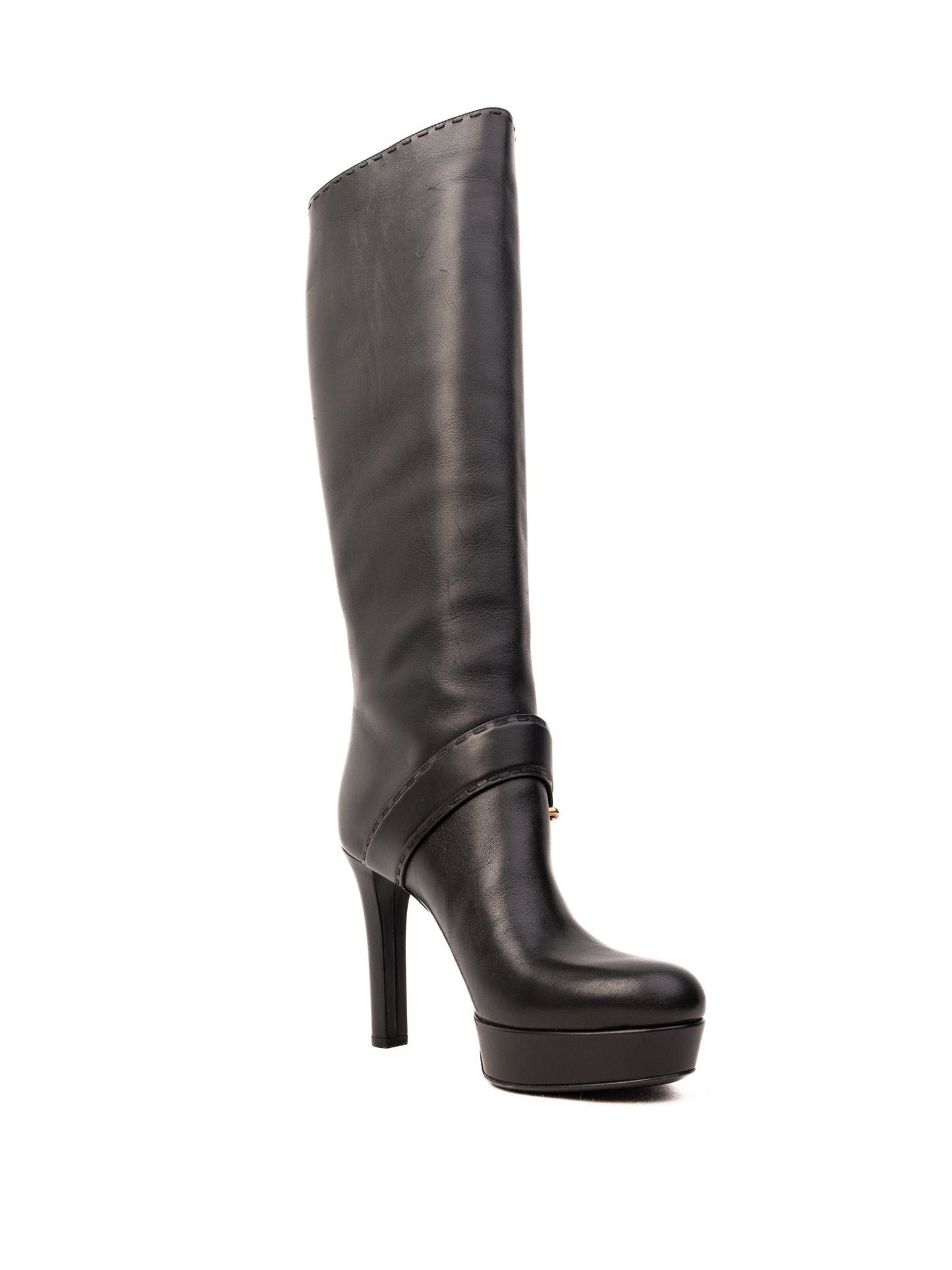new gucci black high-heeled leather knee-length boots size 36