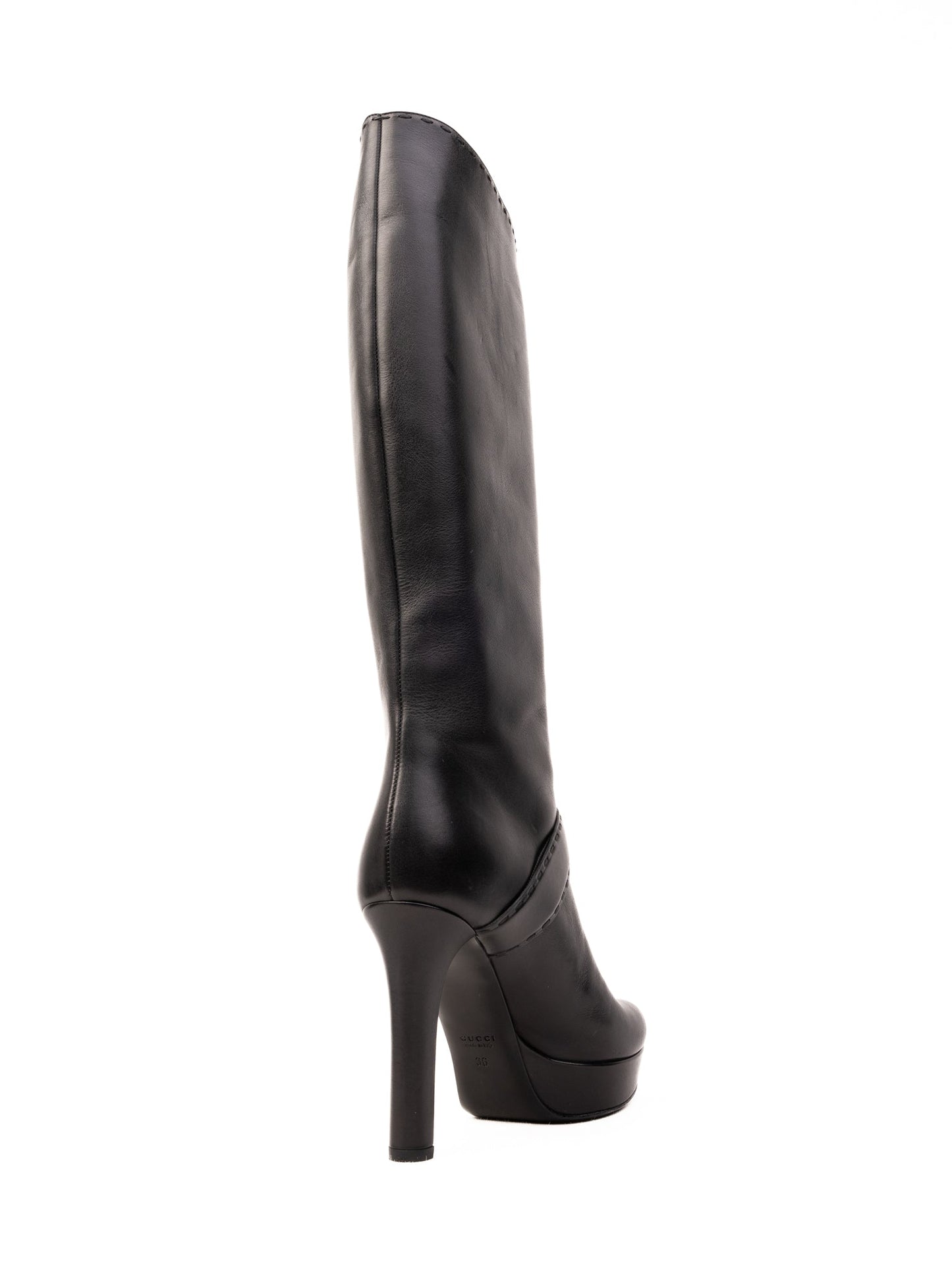 new gucci black high-heeled leather knee-length boots size 36