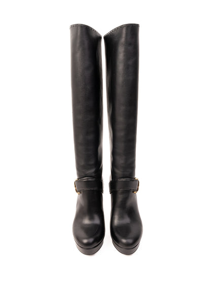 NEW Gucci Black High-Heeled Leather Knee-Length Boots Size 36