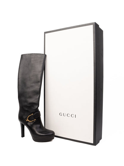 NEW Gucci Black High-Heeled Leather Knee-Length Boots Size 36
