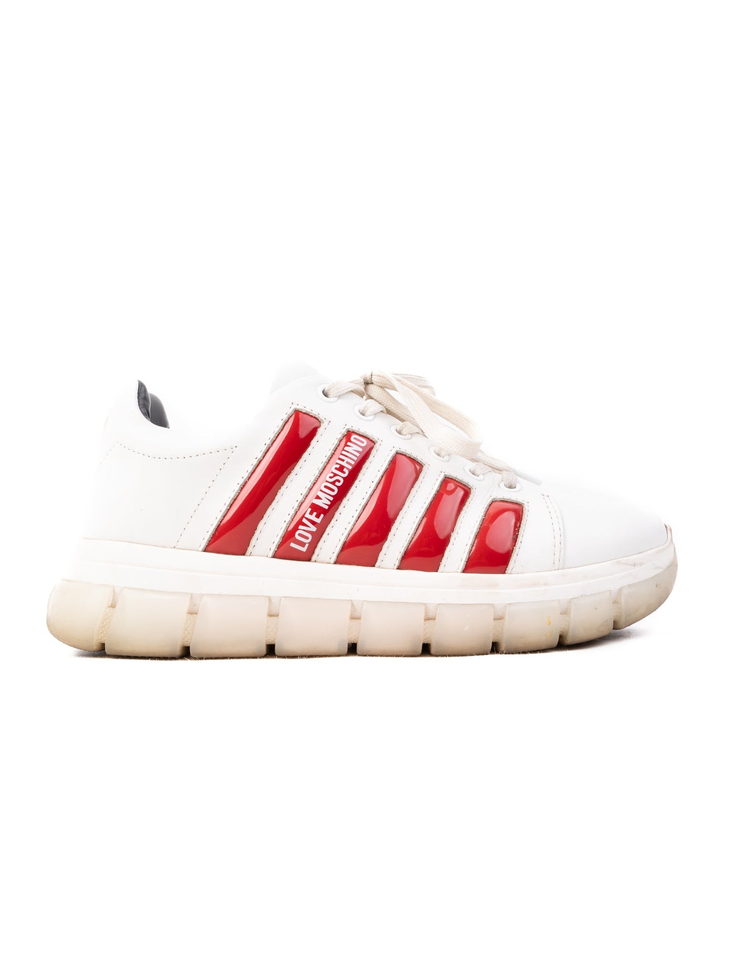 excellent love moschino white leather sneakers with red accents