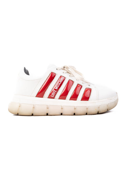 Excellent Love Moschino White Leather Sneakers with Red Accents