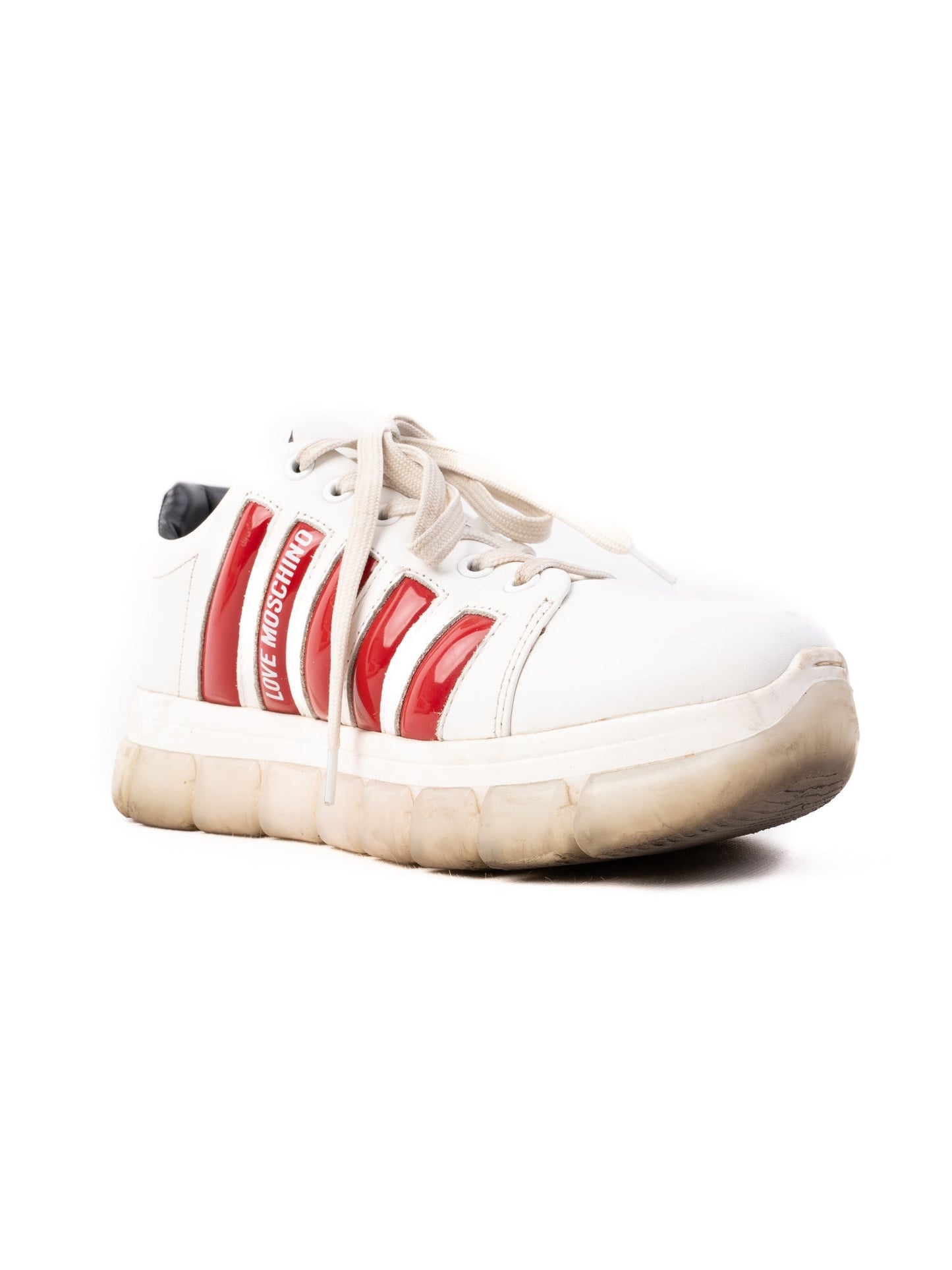 excellent love moschino white leather sneakers with red accents