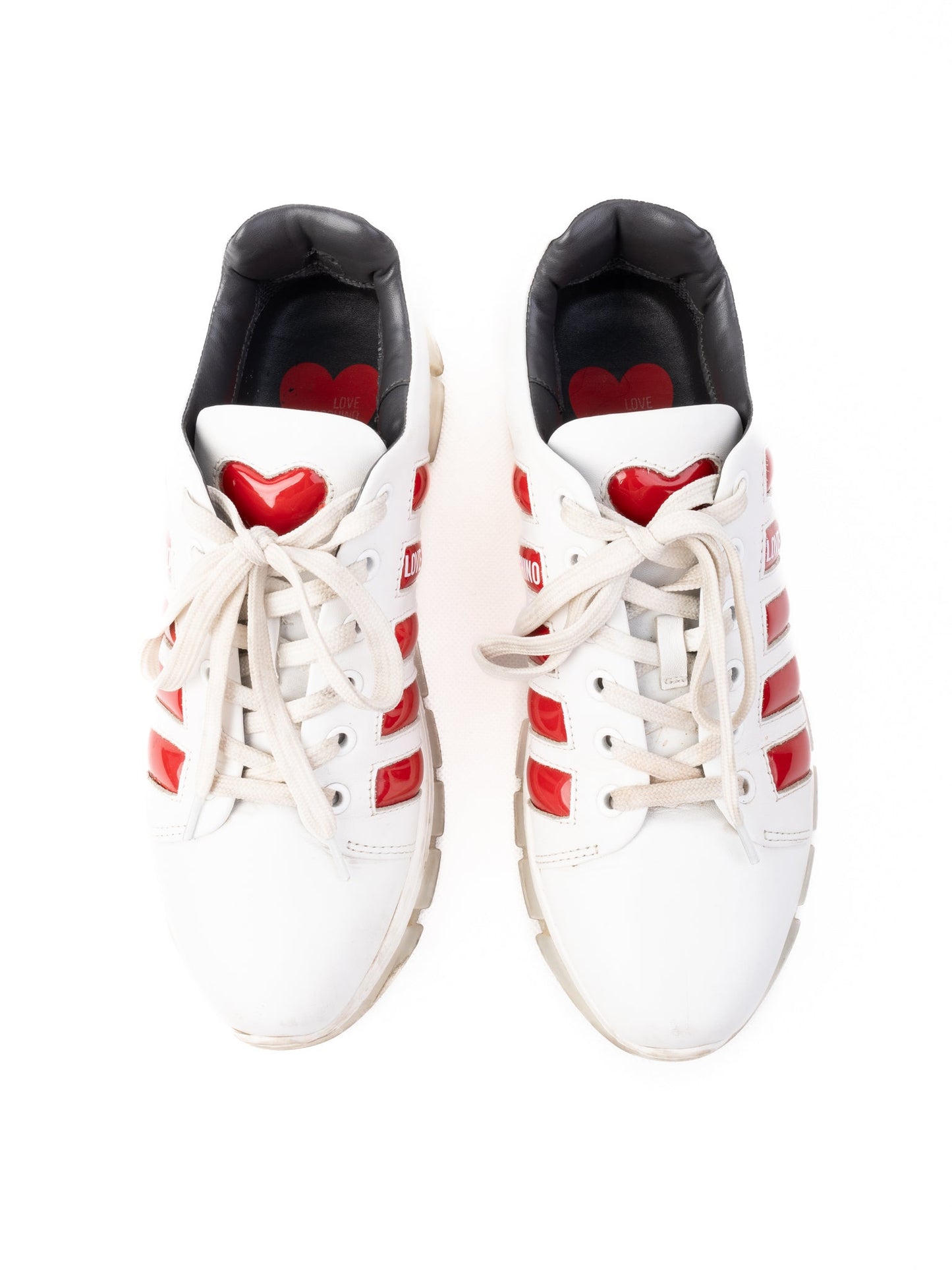 excellent love moschino white leather sneakers with red accents