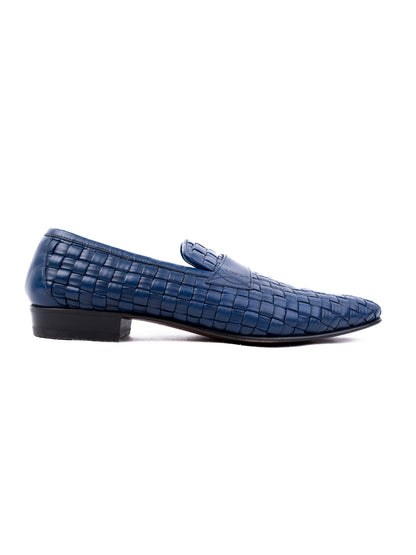 A.Testoni Excellent Blue Leather Woven Loafers Size 43 for Men