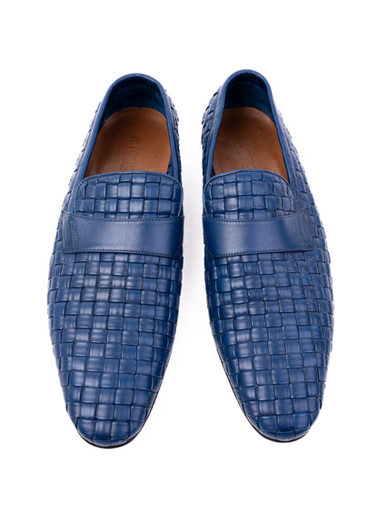 A.Testoni Excellent Blue Leather Woven Loafers Size 43 for Men