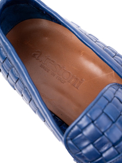 A.Testoni Excellent Blue Leather Woven Loafers Size 43 for Men