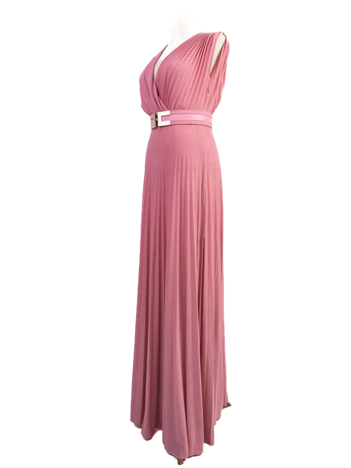 excellent elisabetta franchi pink evening gown with v-neck & asymmetric sleeves