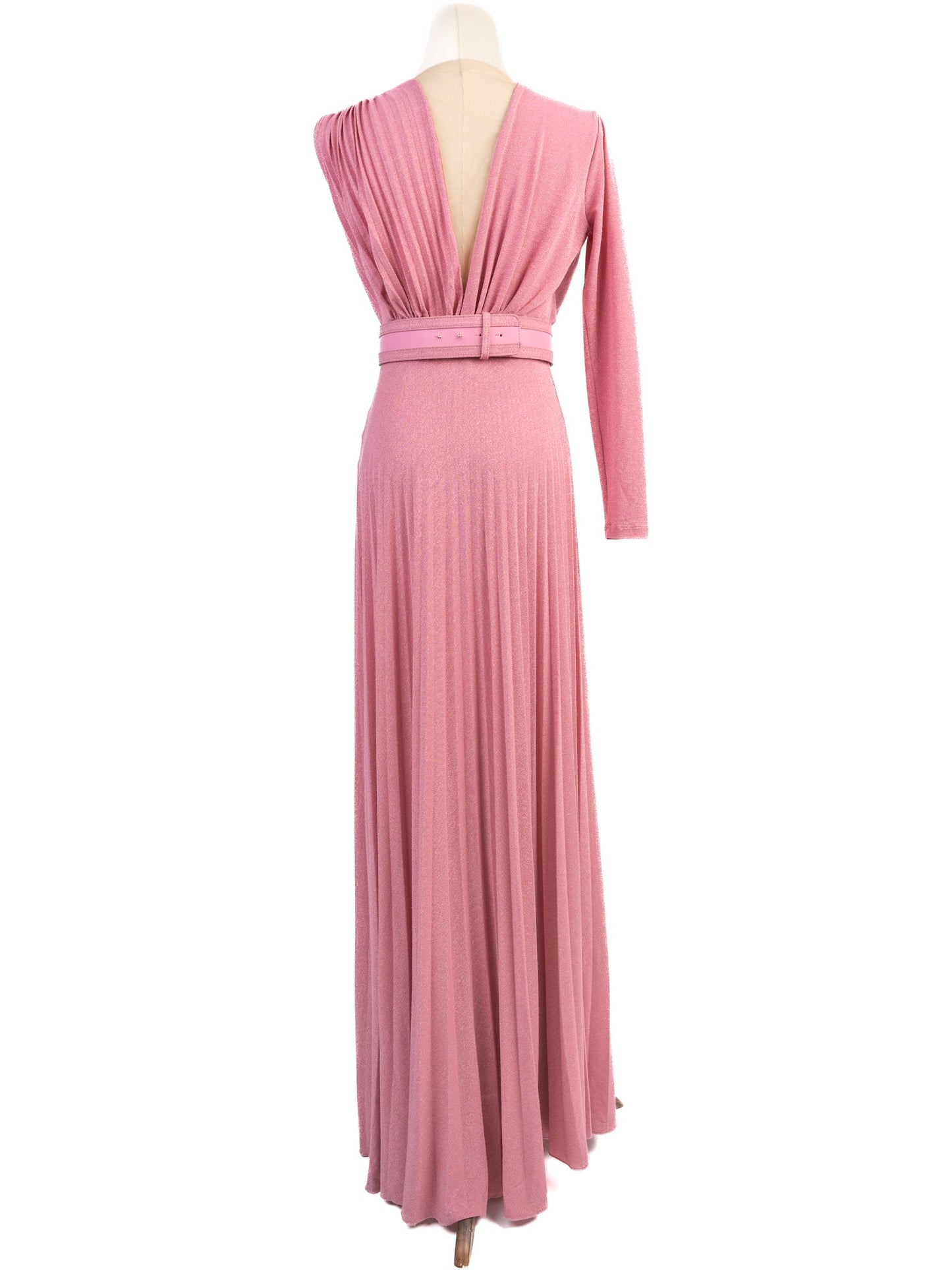 excellent elisabetta franchi pink evening gown with v-neck & asymmetric sleeves