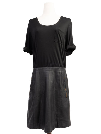 Excellent Burberry Black Silk Dress Size L with Leather Skirt