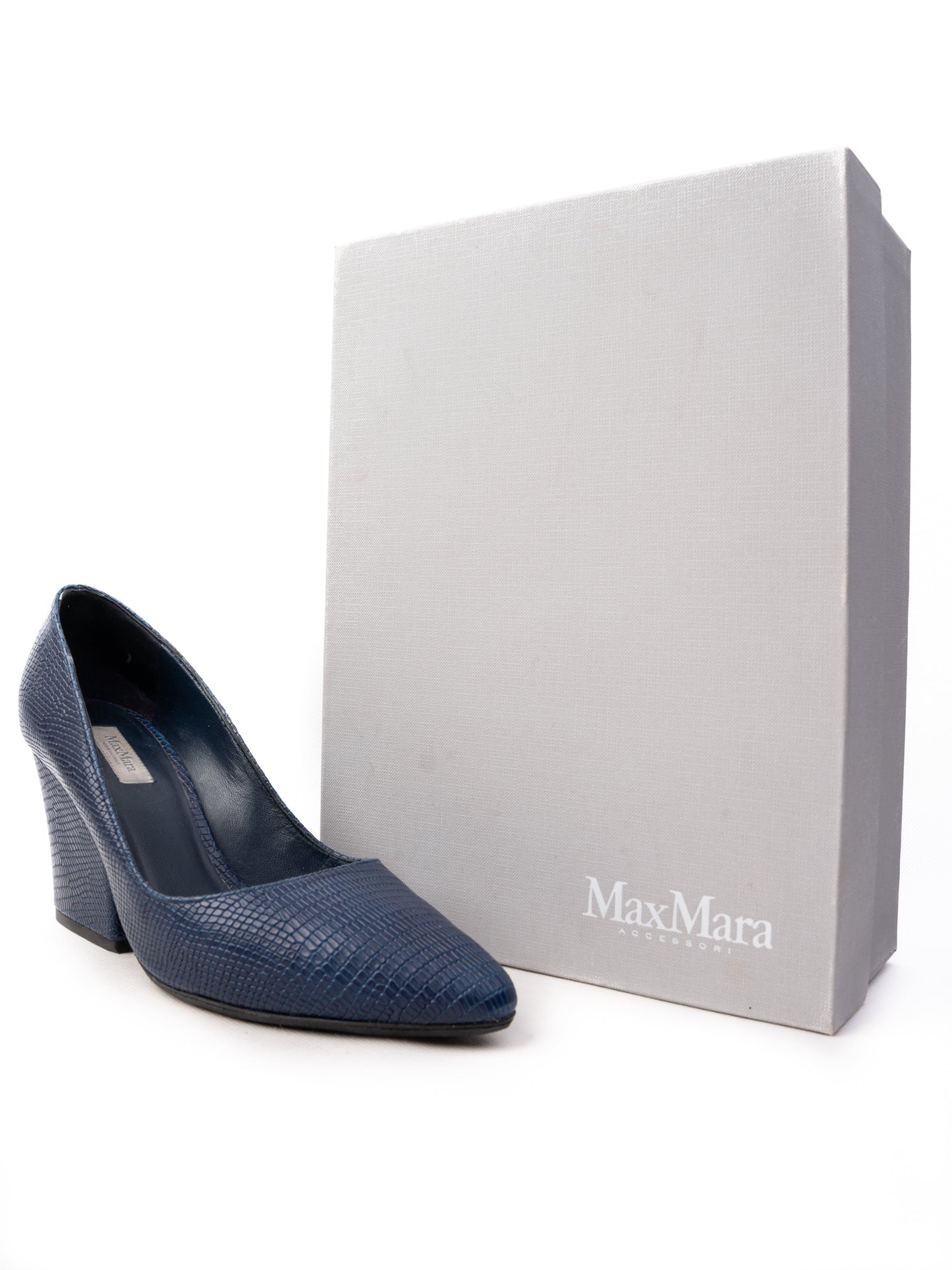 excellent max mara blue leather high heels chunky block heel