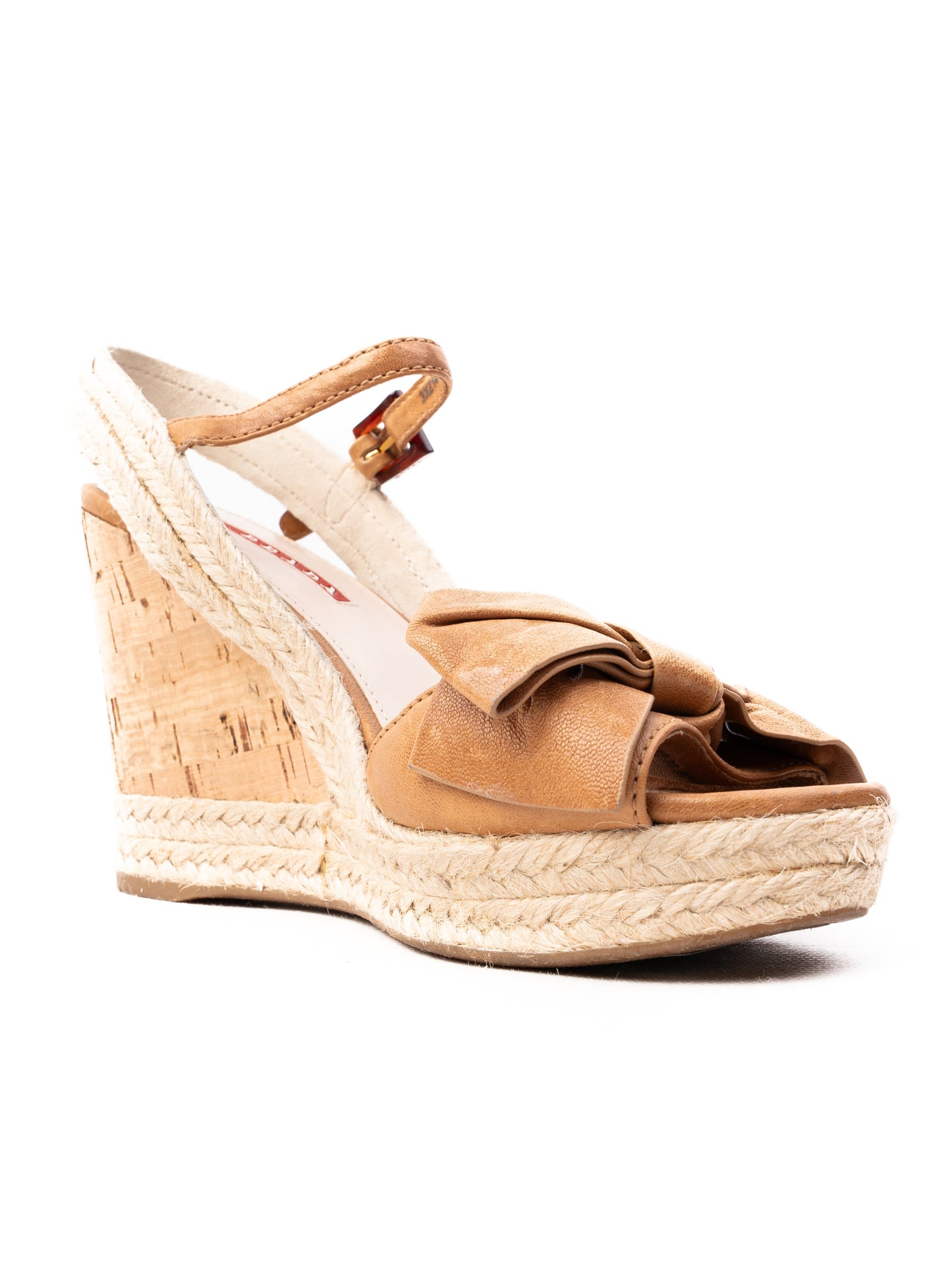 perfect prada orange textile wedge sandals with cork heel