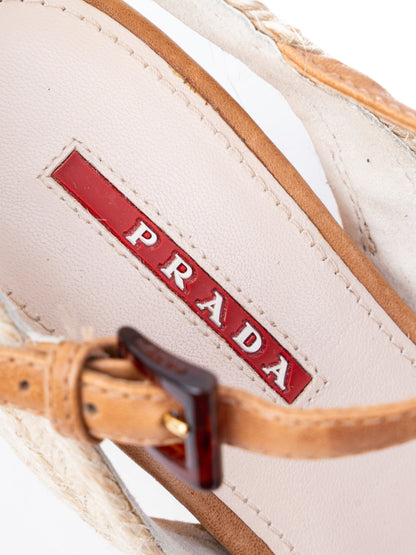 Perfect Prada Orange Textile Wedge Sandals with Cork Heel
