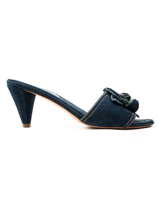 Excellent Chanel Denim High-Heeled Mules Blue Flower Embellishment
