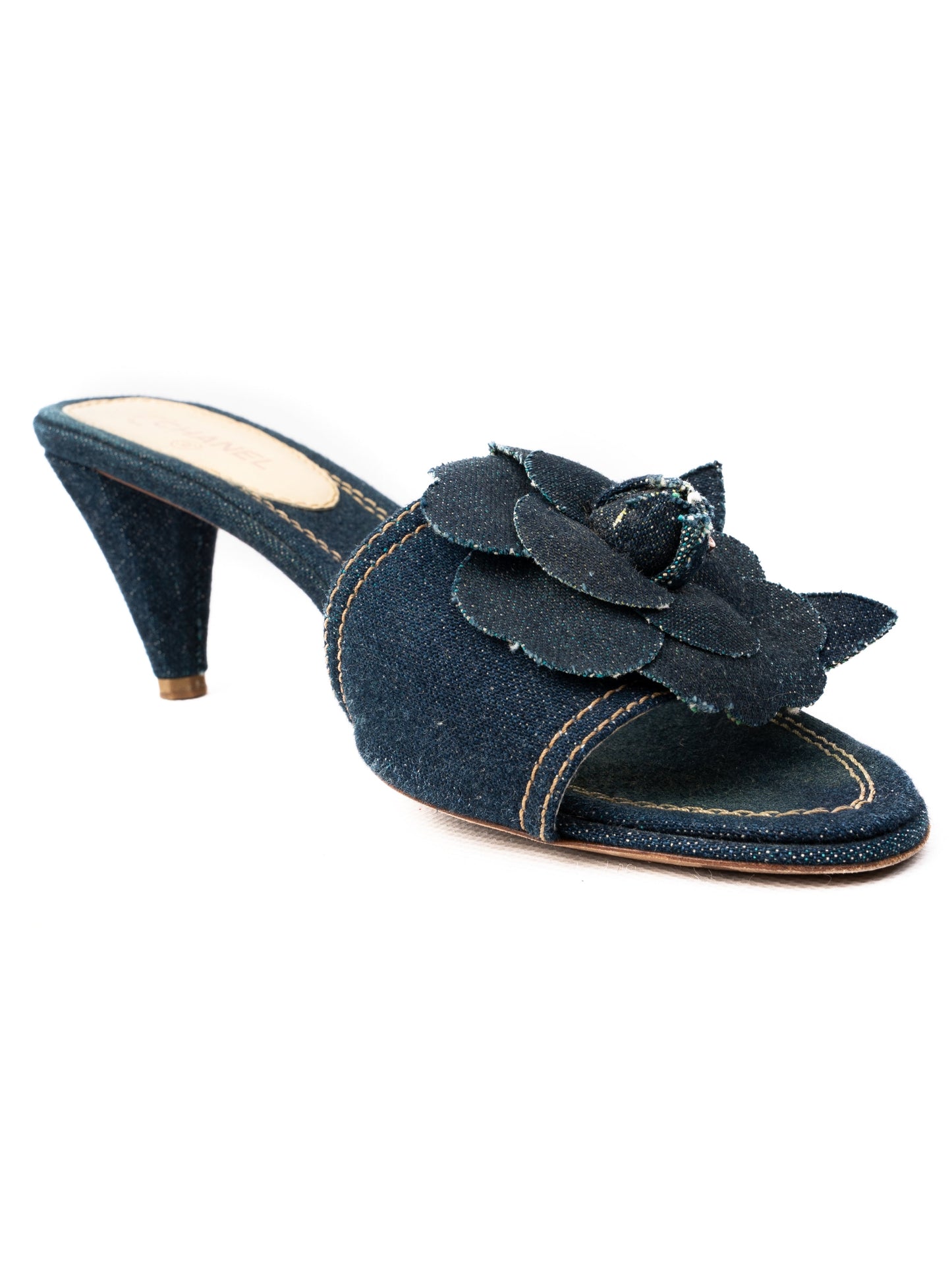 excellent chanel denim high-heeled mules blue flower embellishment