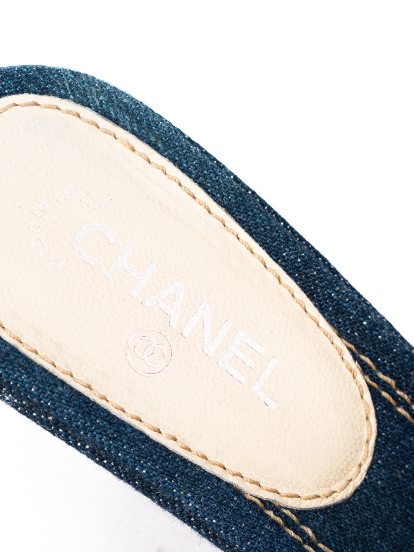 excellent chanel denim high-heeled mules blue flower embellishment