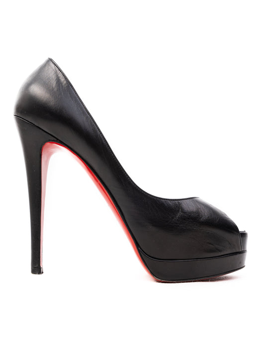 Christian Louboutin Black Leather Open Toe High Heels Size 37.5