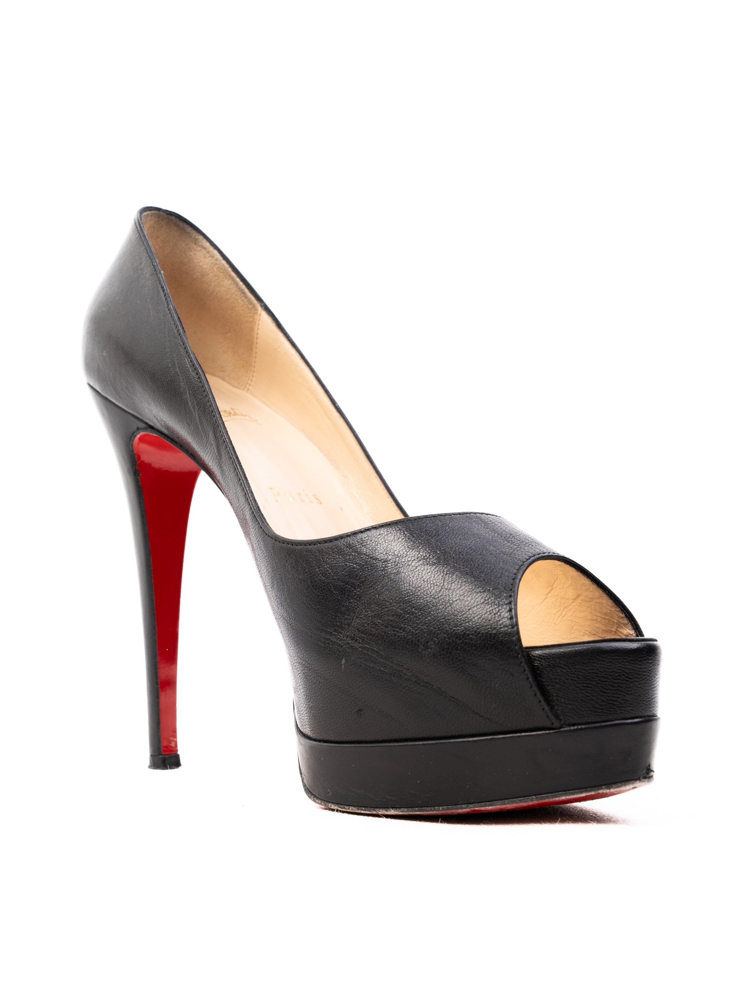 christian louboutin black leather open toe high heels size 37.5