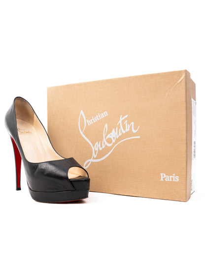 Christian Louboutin Black Leather Open Toe High Heels Size 37.5