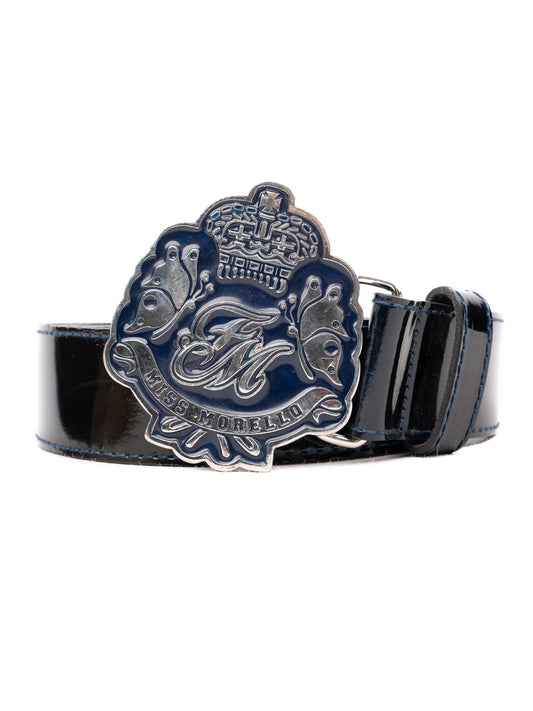Frankie Morello Black Leather Belt with Ornate Metal Buckle