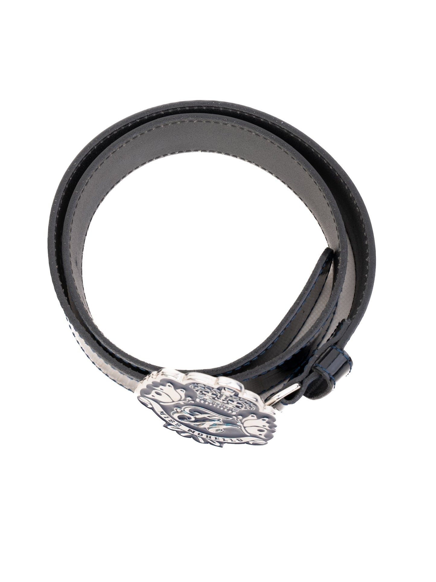 frankie morello black leather belt with ornate metal buckle