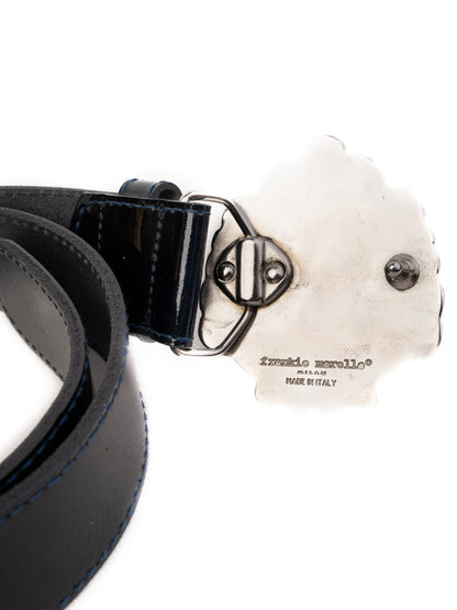 Frankie Morello Black Leather Belt with Ornate Metal Buckle