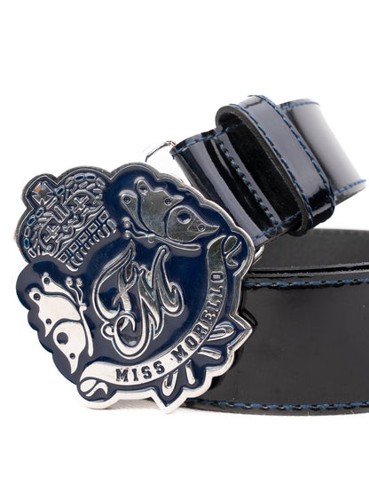 Frankie Morello Black Leather Belt with Ornate Metal Buckle