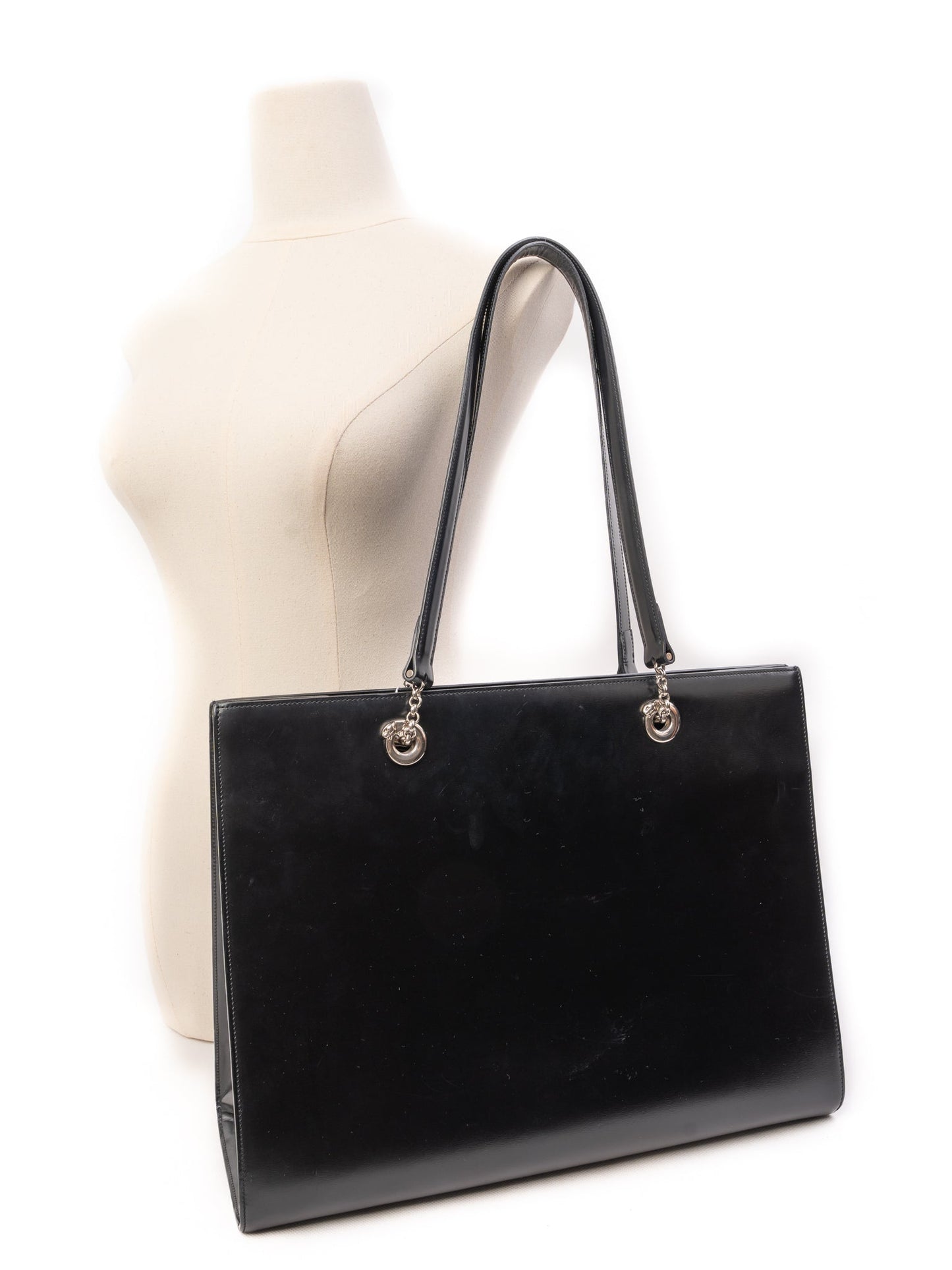 excellent cartier black leather handbag with silver hardware