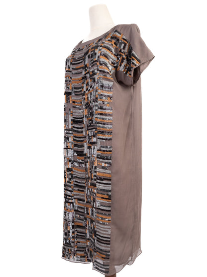 Excellent Nicole Farhi Brown Silk Dress with Sequins Size M