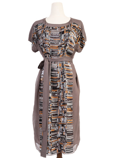 Excellent Nicole Farhi Brown Silk Dress with Sequins Size M