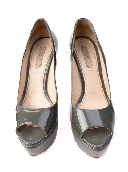 EXCELLENT Prada Gray Leather High-Heeled Peep-Toe Shoes Size 37