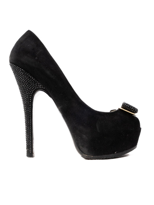Excellent Louis Vuitton Black Leather High Heels Size 36.5 with Bow Detail