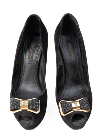 Excellent Louis Vuitton Black Leather High Heels Size 36.5 with Bow Detail