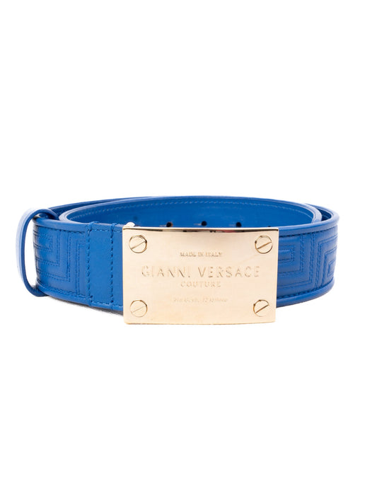 Excellent Versace Blue Leather Belt with Gold Buckle - Luxury Fashion