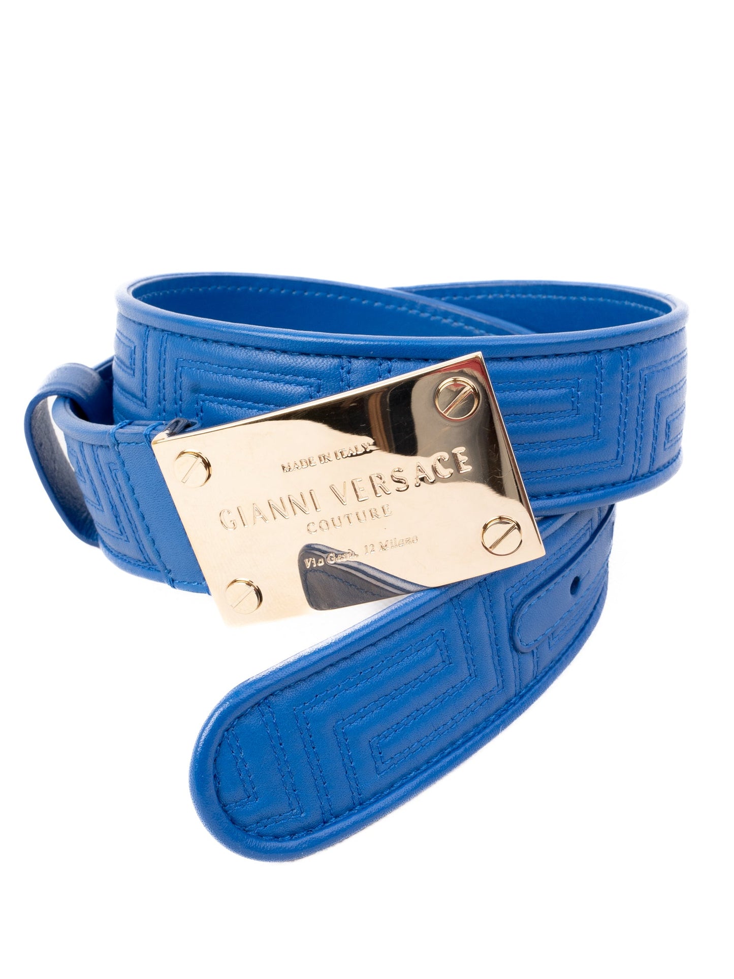 excellent versace blue leather belt with gold buckle - luxury fashion