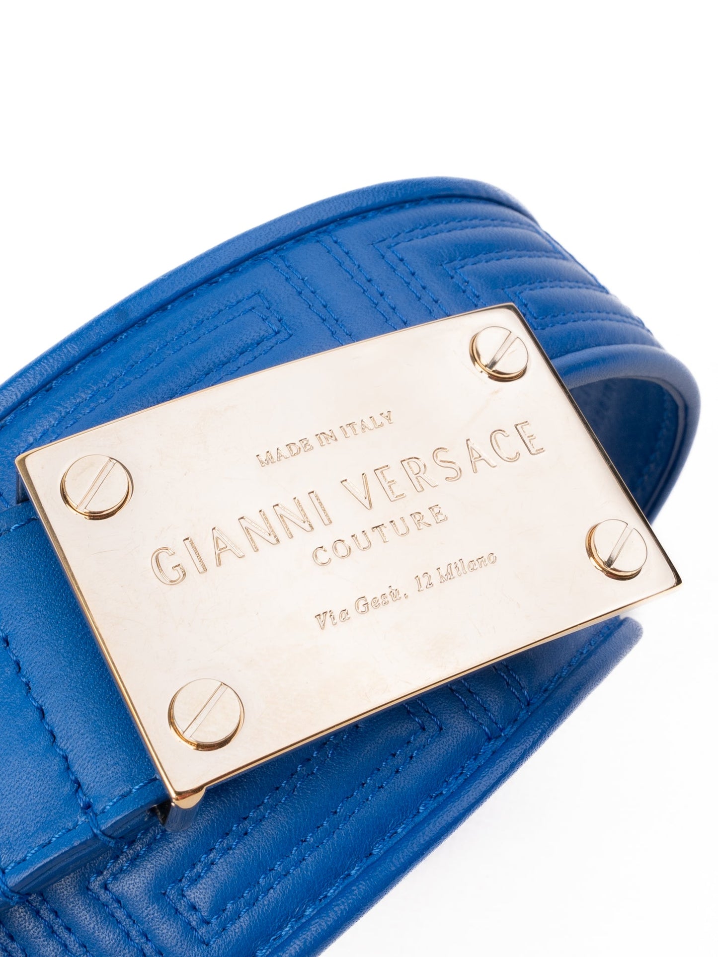 excellent versace blue leather belt with gold buckle - luxury fashion