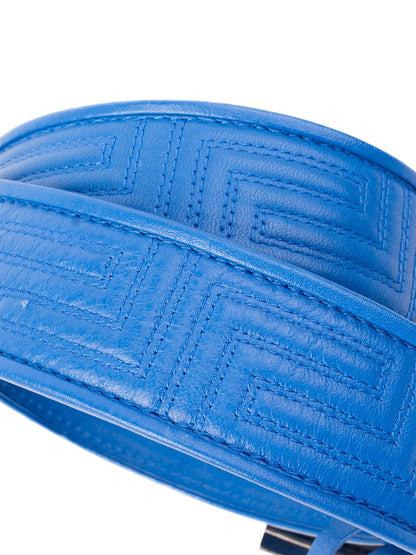 Excellent Versace Blue Leather Belt with Gold Buckle - Luxury Fashion