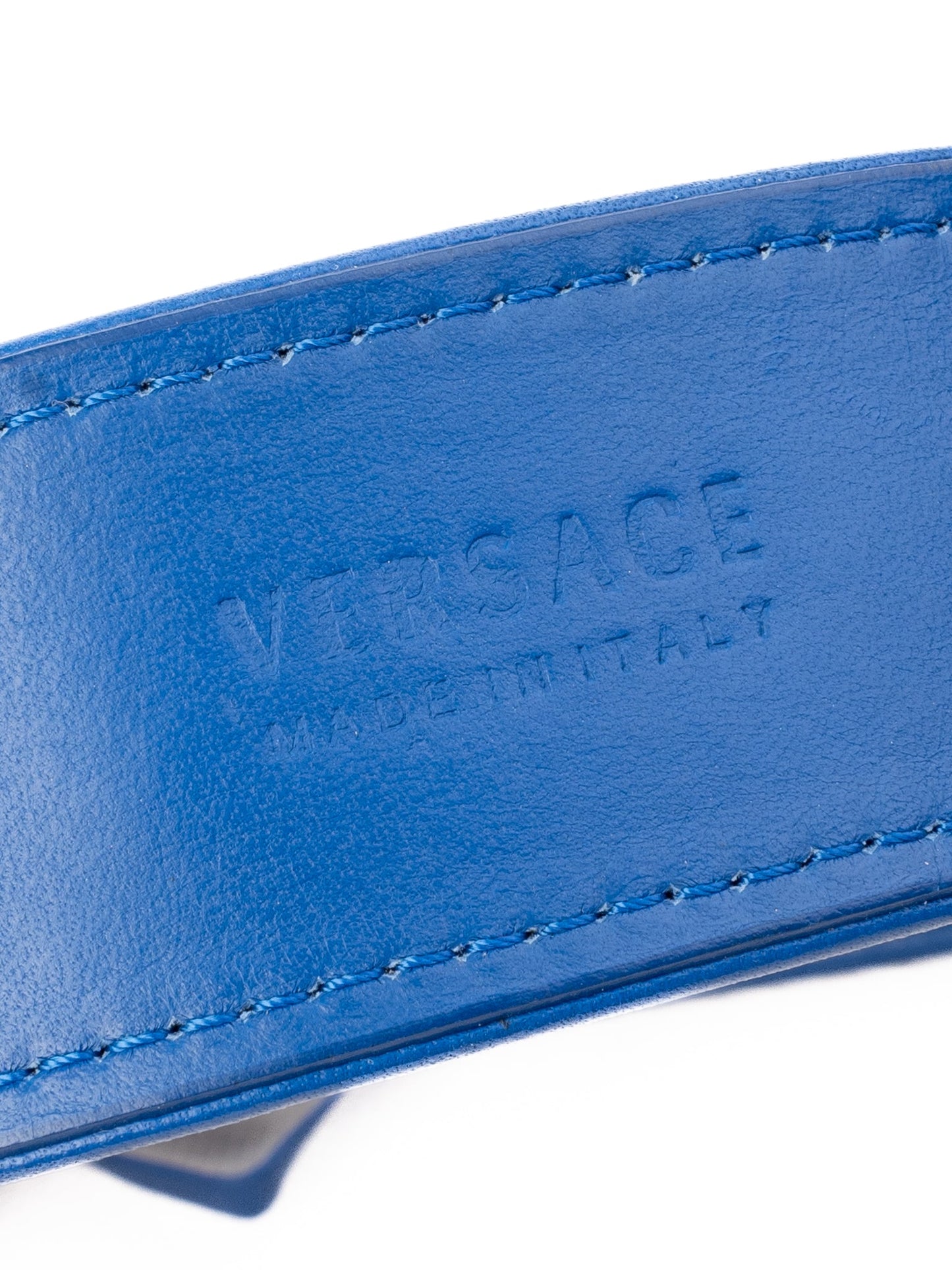 excellent versace blue leather belt with gold buckle - luxury fashion