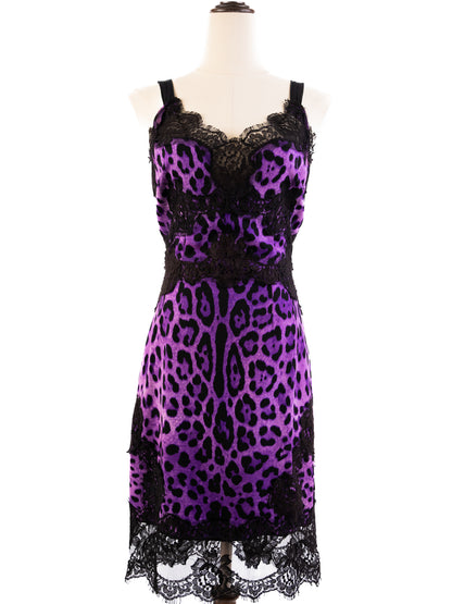 Excellent Dolce Gabbana Purple Black Leopard Print Dress with Lace Details