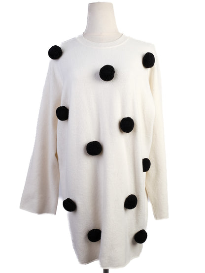 Excellent Sportmax White Wool Sweater Size S with Black Pom-Poms