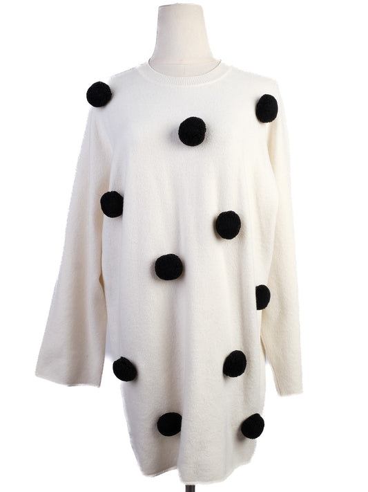 Excellent Sportmax White Wool Sweater Size S with Black Pom-Poms