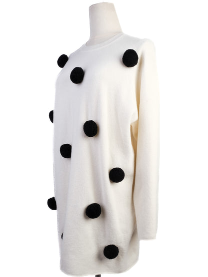 Excellent Sportmax White Wool Sweater Size S with Black Pom-Poms
