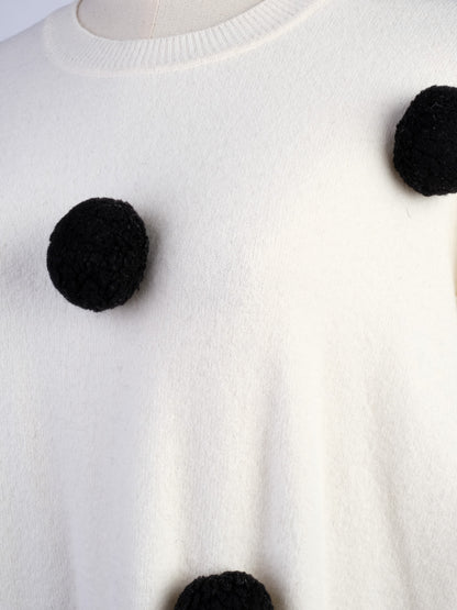 Excellent Sportmax White Wool Sweater Size S with Black Pom-Poms