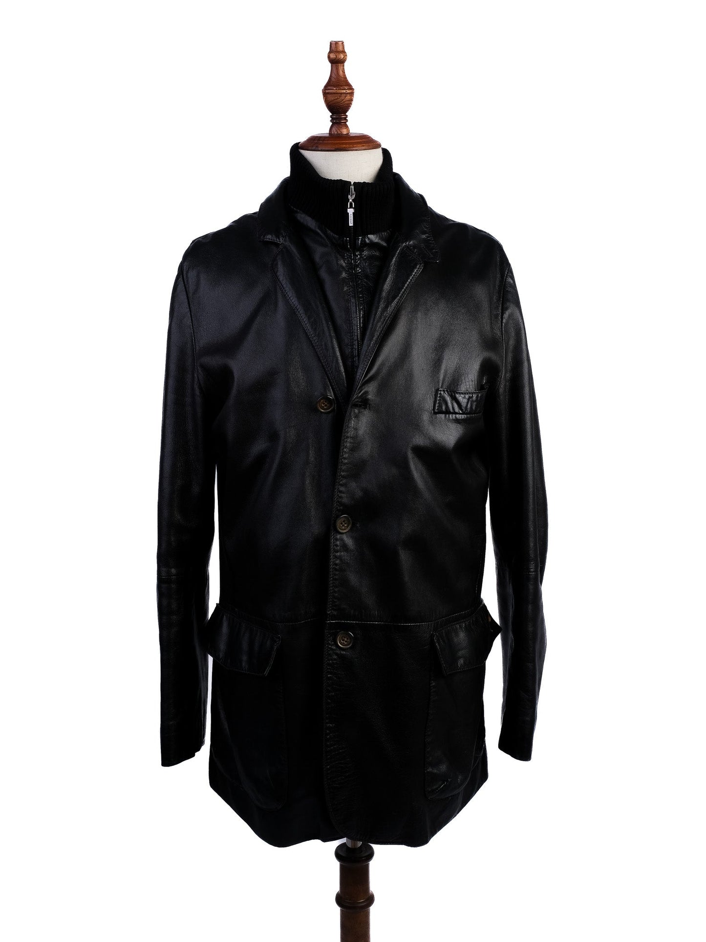 excellent a.testoni black leather jacket size l for men